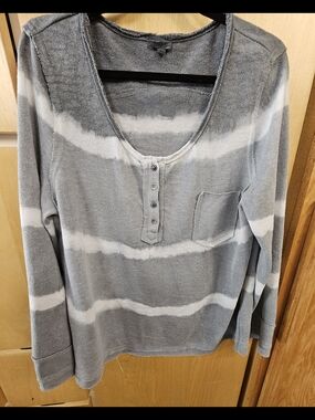 POL Gray and White Striped Long Sleeve Henley Top
